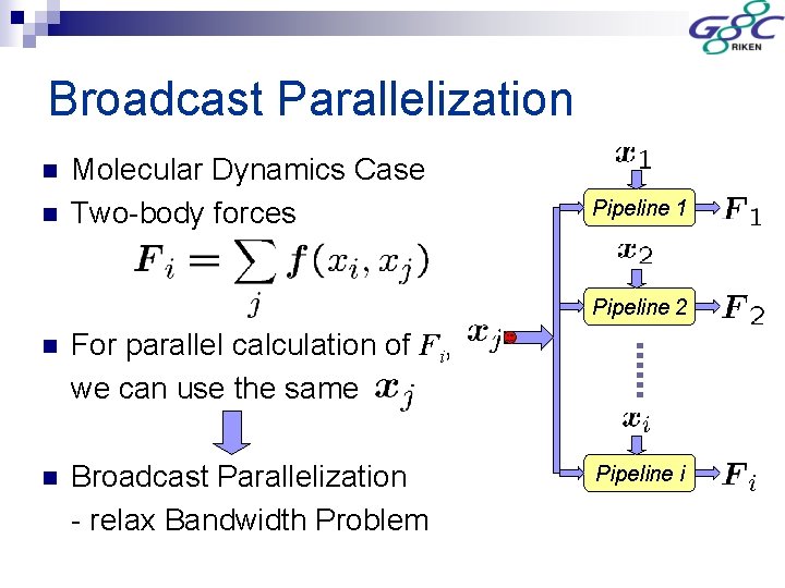 Broadcast Parallelization n n Molecular Dynamics Case Two-body forces Pipeline 1 Pipeline 2 n