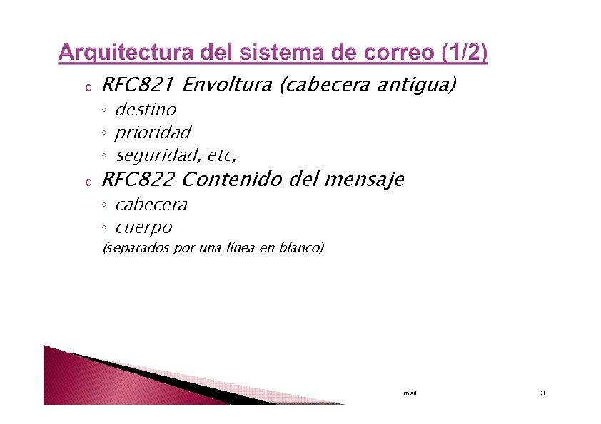 c RFC 821 Envoltura (cabecera antigua) ◦ destino ◦ prioridad ◦ seguridad, etc, c