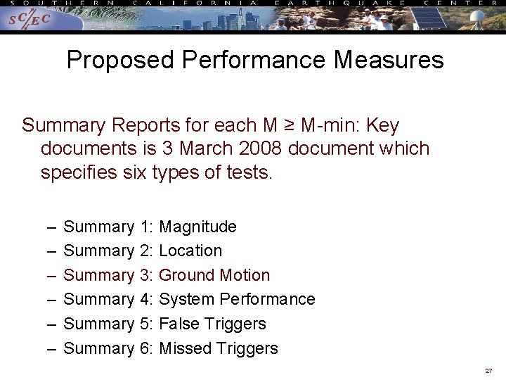 Proposed Performance Measures Summary Reports for each M ≥ M-min: Key documents is 3