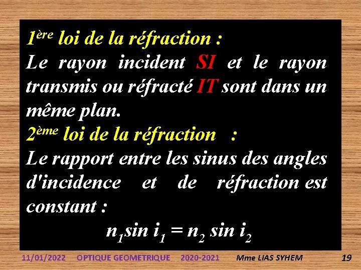 1ère loi de la réfraction : Le rayon incident SI et le rayon transmis