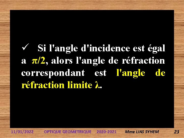  Si l'angle d'incidence est égal a π/2, alors l'angle de réfraction correspondant est