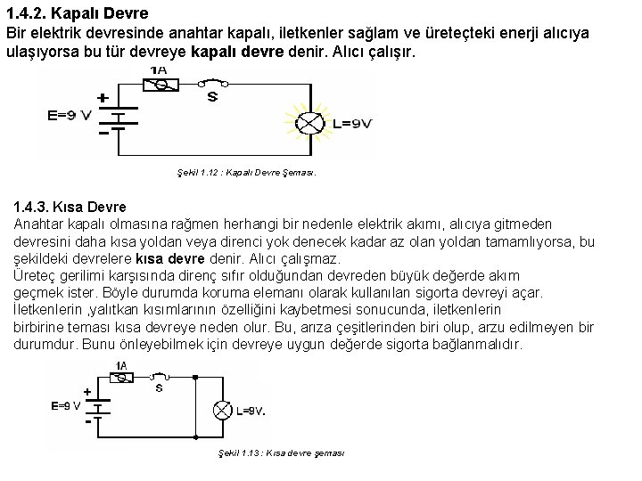 1. 4. 2. Kapalı Devre Bir elektrik devresinde anahtar kapalı, iletkenler sağlam ve üreteçteki