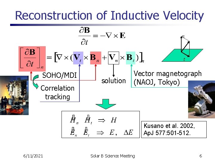 Reconstruction of Inductive Velocity n t SOHO/MDI Correlation tracking solution Vector magnetograph (NAOJ, Tokyo)