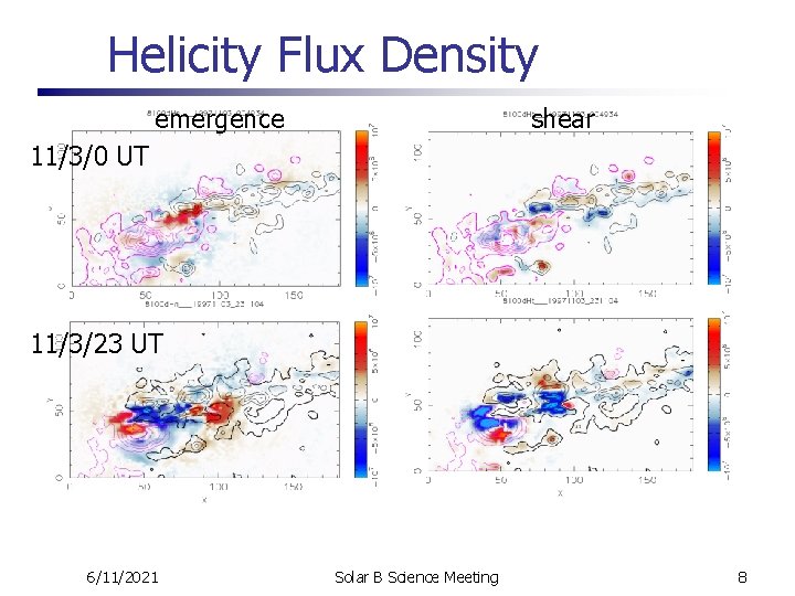 Helicity Flux Density emergence shear 11/3/0 UT 11/3/23 UT 6/11/2021 Solar B Science Meeting