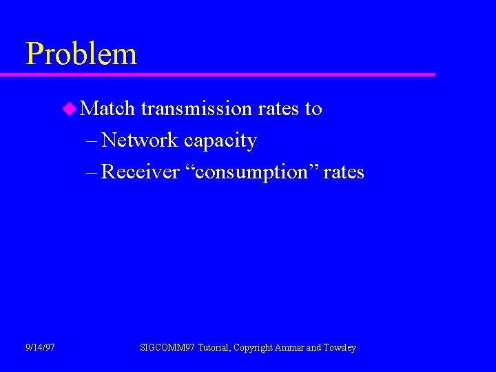 Problem u Match transmission rates to – Network capacity – Receiver “consumption” rates 9/14/97
