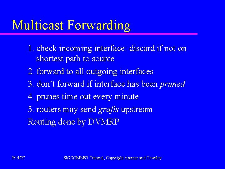 Multicast Forwarding 1. check incoming interface: discard if not on shortest path to source