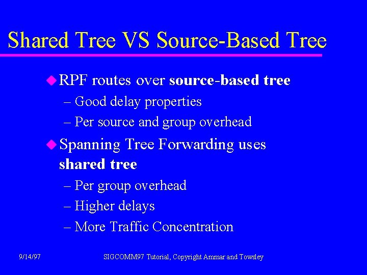 Shared Tree VS Source-Based Tree u RPF routes over source-based tree – Good delay