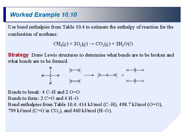 Worked Example 10. 10 Use bond enthalpies from Table 10. 4 to estimate the