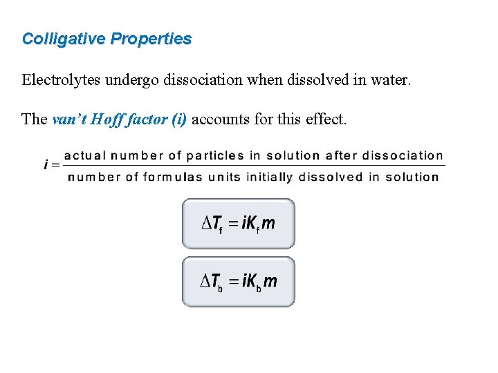 Colligative Properties Electrolytes undergo dissociation when dissolved in water. The van’t Hoff factor (i)