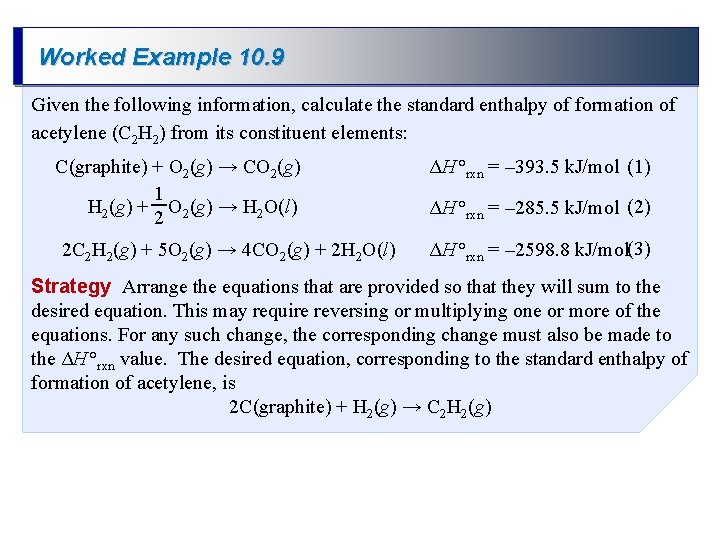 Worked Example 10. 9 Given the following information, calculate the standard enthalpy of formation