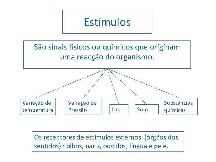 Estímulos São sinais físicos ou químicos que originam uma reacção do organismo. Variação de