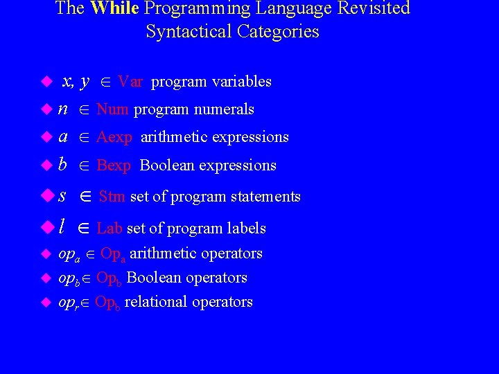The While Programming Language Revisited Syntactical Categories x, y Var program variables u n