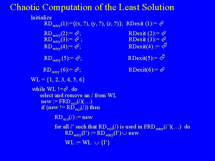 Chaotic Computation of the Least Solution Initialize RDentry(1): ={(x, ? ), (y, ? ),