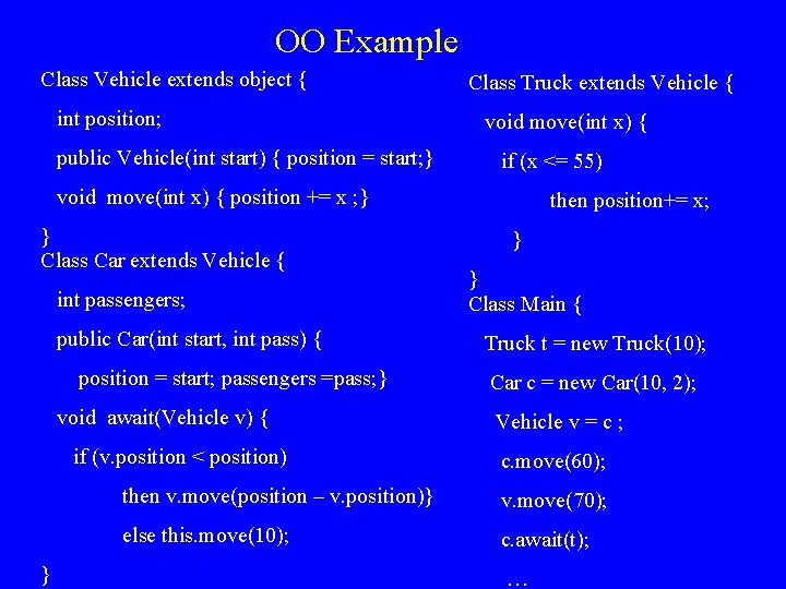 OO Example Class Vehicle extends object { int position; public Vehicle(int start) { position