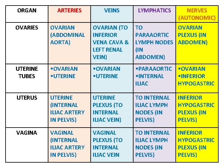 ORGAN ARTERIES VEINS LYMPHATICS NERVES (AUTONOMIC) OVARIES OVARIAN (ABDOMINAL AORTA) OVARIAN (TO INFERIOR VENA
