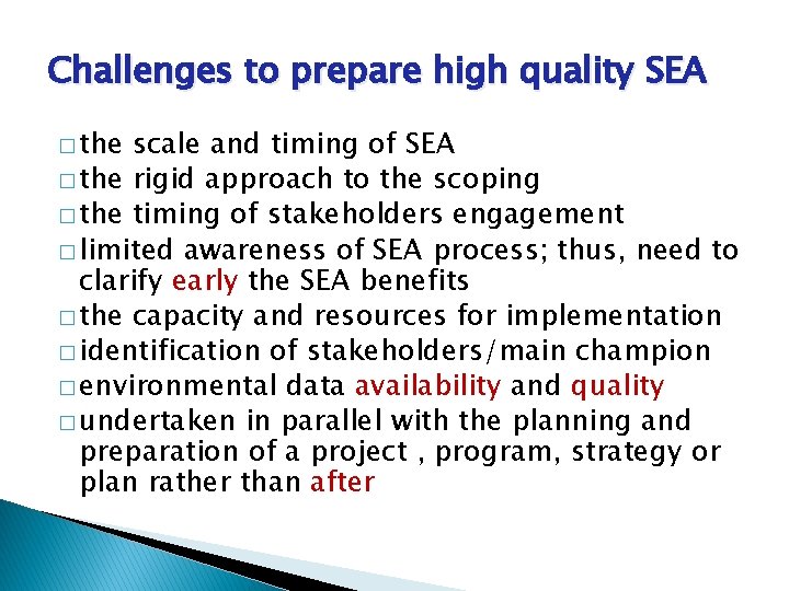 Challenges to prepare high quality SEA � the scale and timing of SEA �