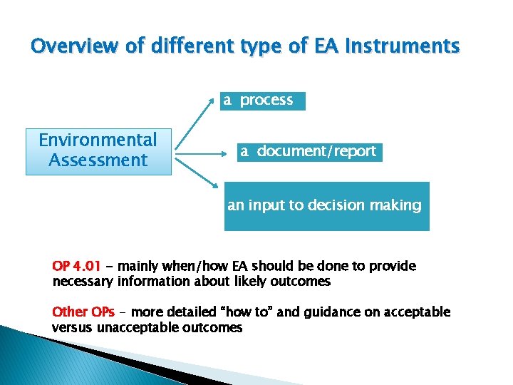 Overview of different type of EA Instruments a process Environmental Assessment a document/report an