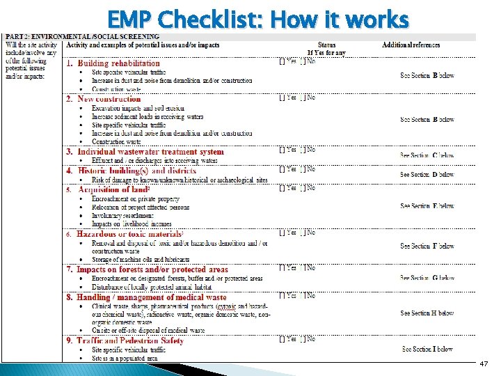 EMP Checklist: How it works 47 