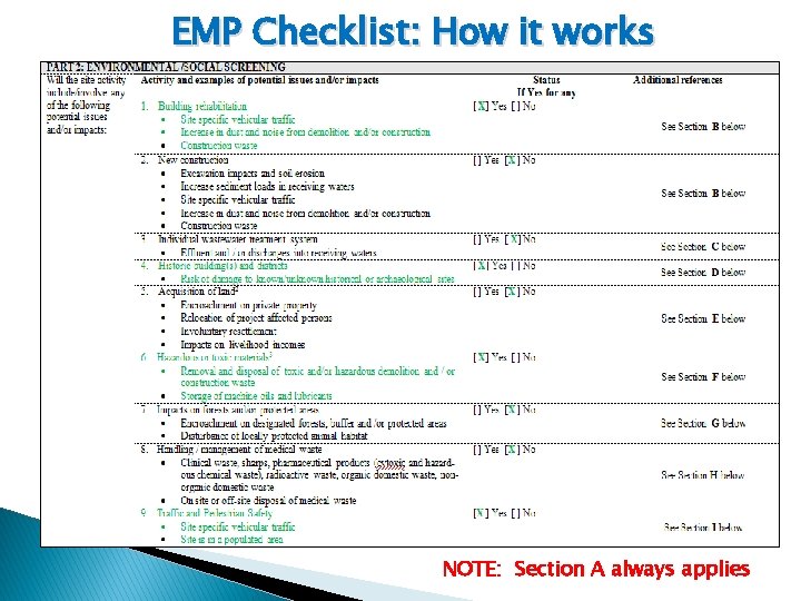 EMP Checklist: How it works NOTE: Section A always applies 