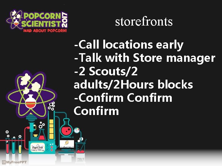 storefronts -Call locations early -Talk with Store manager -2 Scouts/2 adults/2 Hours blocks -Confirm
