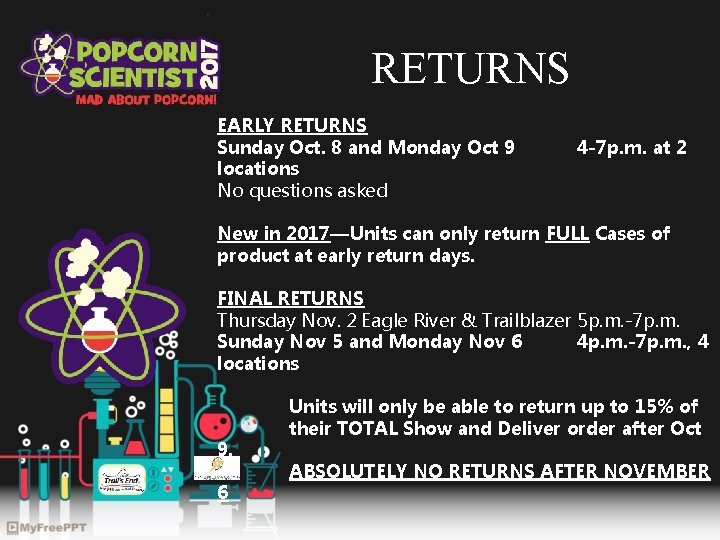 RETURNS EARLY RETURNS Sunday Oct. 8 and Monday Oct 9 locations No questions asked