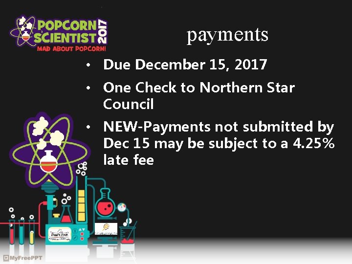 payments • Due December 15, 2017 • One Check to Northern Star Council •