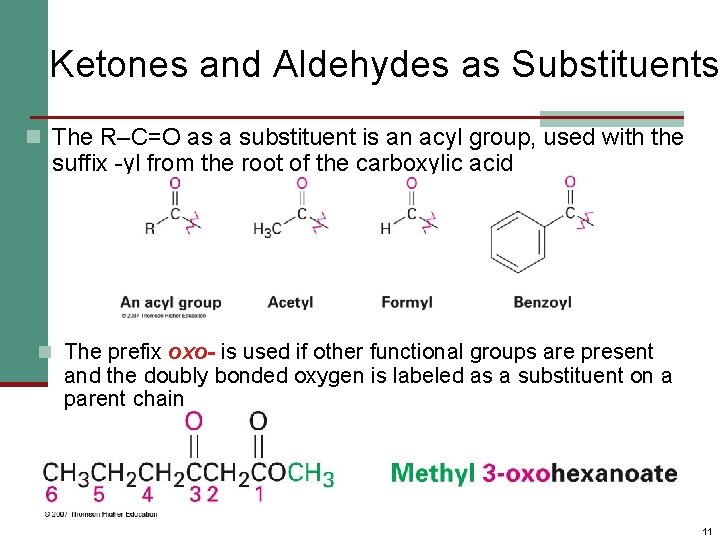 Ketones and Aldehydes as Substituents n The R–C=O as a substituent is an acyl