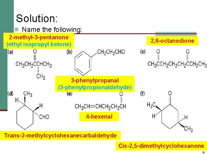 Solution: n Name the following: 2 -methyl-3 -pentanone (ethyl isopropyl ketone) 2, 6 -octanedione