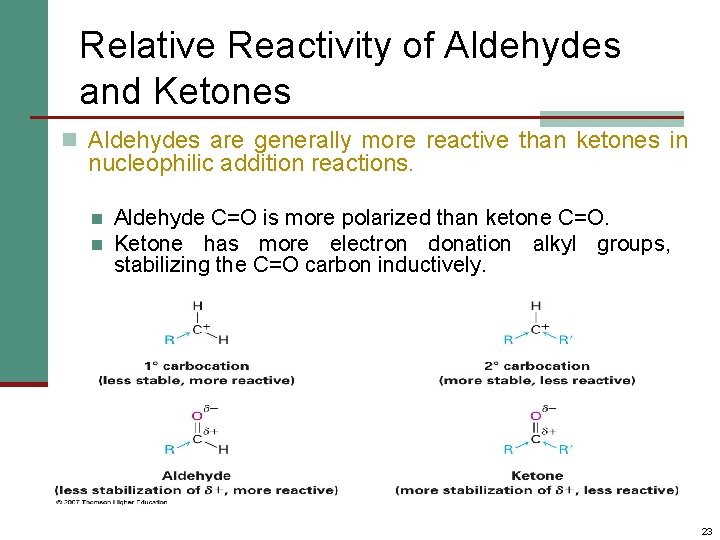 Relative Reactivity of Aldehydes and Ketones n Aldehydes are generally more reactive than ketones