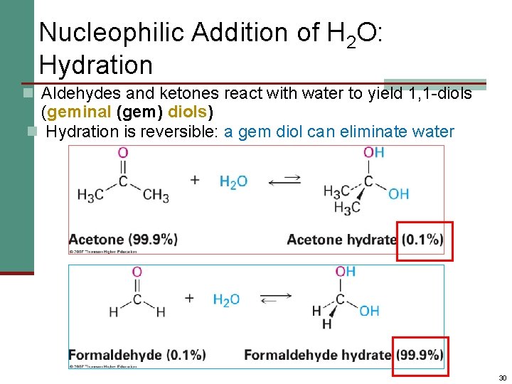 Nucleophilic Addition of H 2 O: Hydration n Aldehydes and ketones react with water