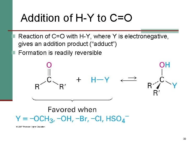 Addition of H-Y to C=O n Reaction of C=O with H-Y, where Y is