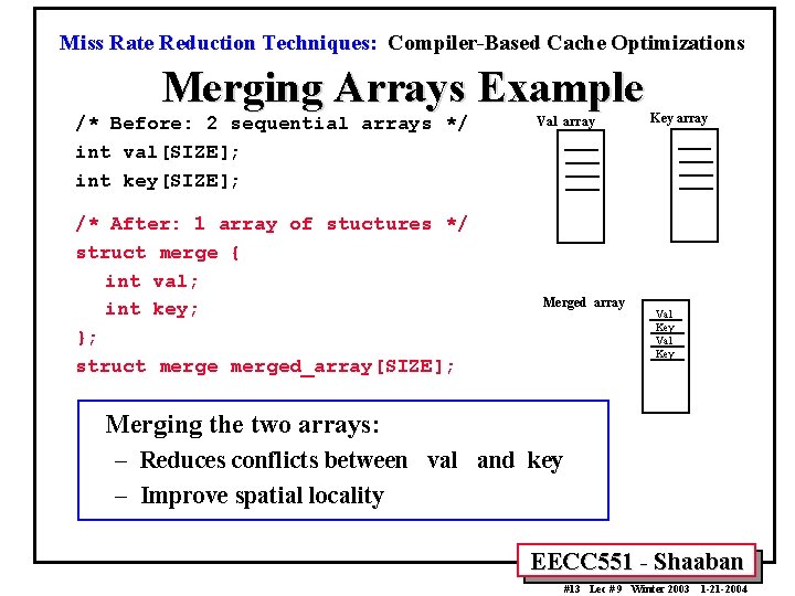 Miss Rate Reduction Techniques: Compiler-Based Cache Optimizations Merging Arrays Example /* Before: 2 sequential