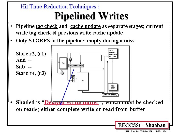 Hit Time Reduction Techniques : Pipelined Writes • Pipeline tag check and cache update