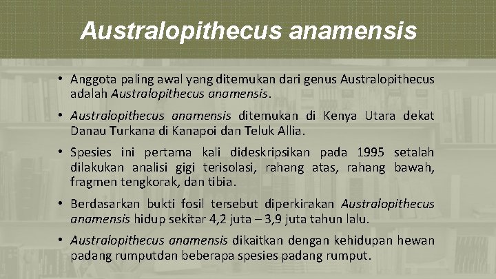 Australopithecus anamensis • Anggota paling awal yang ditemukan dari genus Australopithecus adalah Australopithecus anamensis.