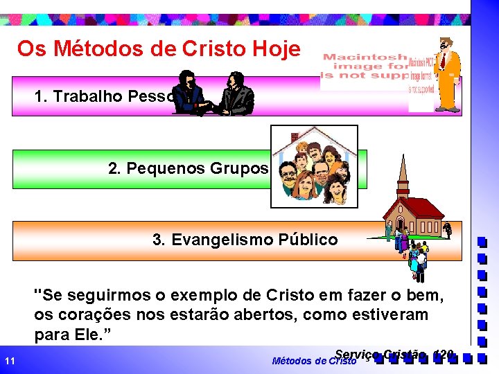 Os Métodos de Cristo Hoje 1. Trabalho Pessoal 2. Pequenos Grupos 3. Evangelismo Público