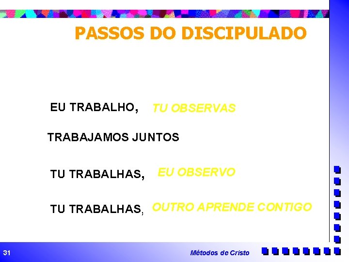 PASSOS DO DISCIPULADO EU TRABALHO, TU OBSERVAS TRABAJAMOS JUNTOS TU TRABALHAS, EU OBSERVO TU