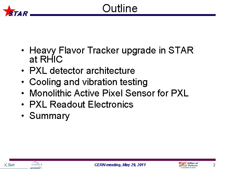 STAR Outline • Heavy Flavor Tracker upgrade in STAR at RHIC • PXL detector