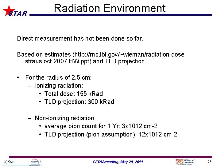 STAR Radiation Environment Direct measurement has not been done so far. Based on estimates