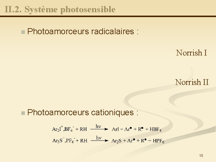 II. 2. Système photosensible n Photoamorceurs radicalaires : Norrish II n Photoamorceurs cationiques :