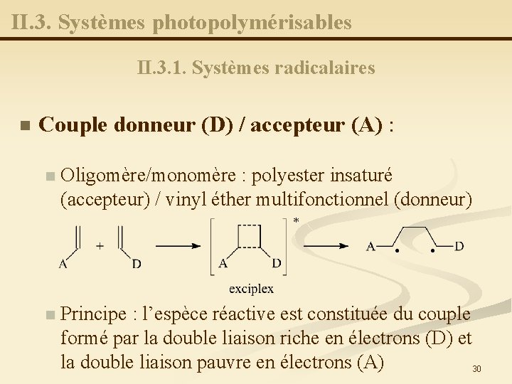 II. 3. Systèmes photopolymérisables II. 3. 1. Systèmes radicalaires n Couple donneur (D) /