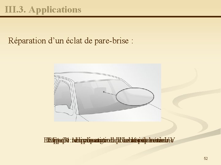 III. 3. Applications Réparation d’un éclat de pare-brise : Etape : préparation pour la