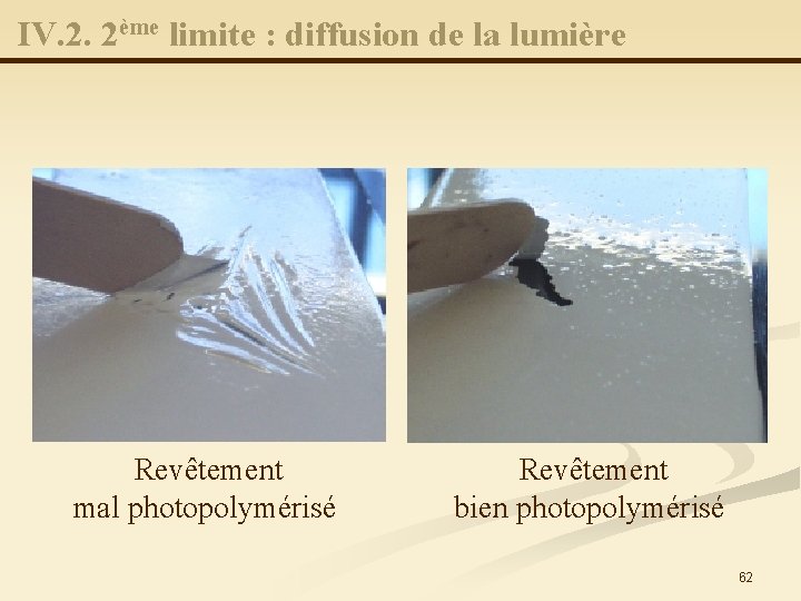 IV. 2. 2ème limite : diffusion de la lumière Revêtement mal photopolymérisé Revêtement bien