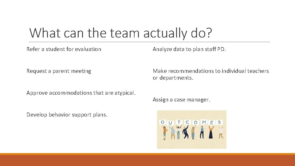 What can the team actually do? Refer a student for evaluation Analyze data to
