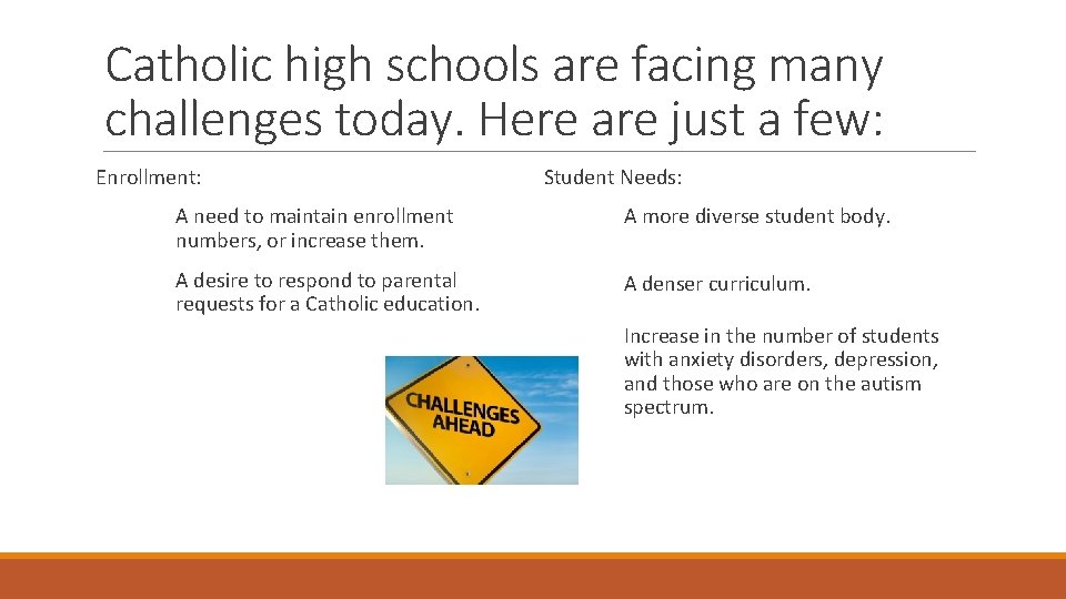 Catholic high schools are facing many challenges today. Here are just a few: Enrollment: