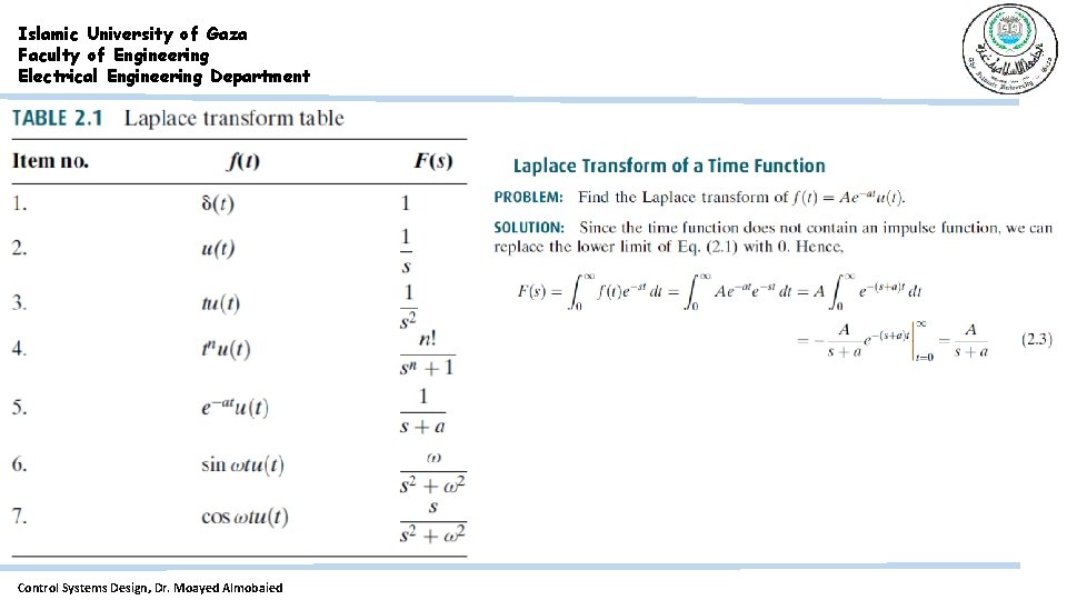 Islamic University of Gaza Faculty of Engineering Electrical Engineering Department Control Systems Design, Dr.