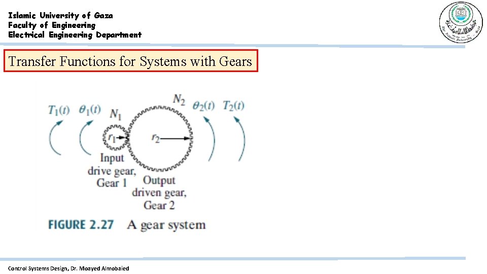 Islamic University of Gaza Faculty of Engineering Electrical Engineering Department Transfer Functions for Systems