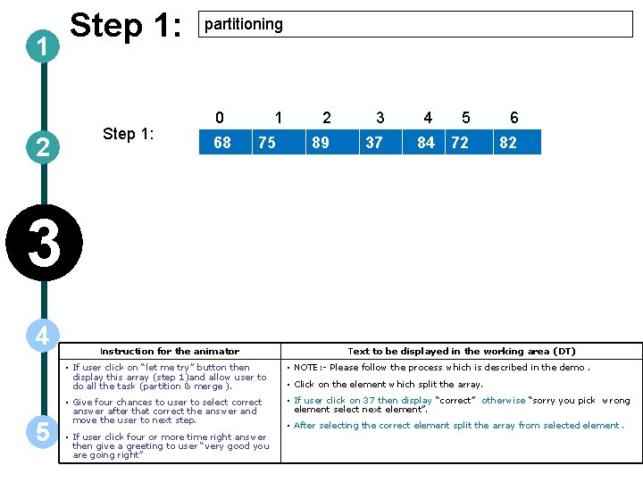 1 2 Step 1: partitioning 0 68 1 75 2 3 89 37 4