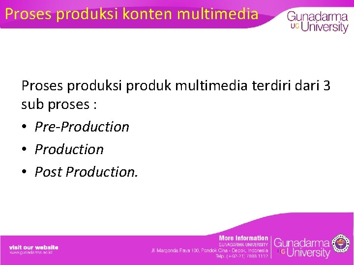 Proses produksi konten multimedia Proses produksi produk multimedia terdiri dari 3 sub proses :