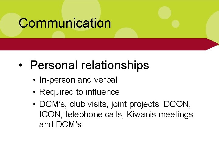 Communication • Personal relationships • In-person and verbal • Required to influence • DCM’s,