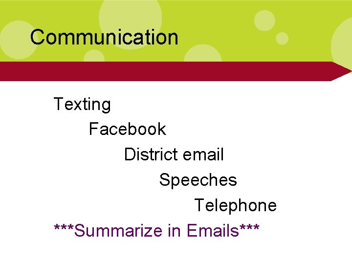 Communication Texting Facebook District email Speeches Telephone ***Summarize in Emails*** 